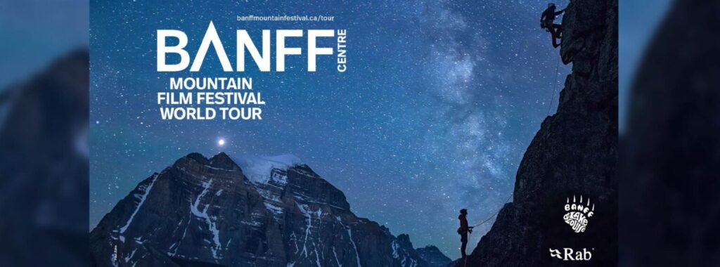 Night time view of mountains with the text, "Banff Mountain Film Festival World Tour" in white.